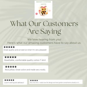 May include: Image with the text "What Our Customers Are Saying" and customer reviews. The reviews mention "Great quality", "Breathable, comfortable quality cotton T shirt", and "Nice pillow. Great colors and made very nicely."