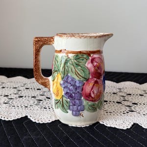 Vintage Clinchfield Artware Pottery Pitcher Hand Painted Fruit Erwin Tennessee Brown Sponge Handle