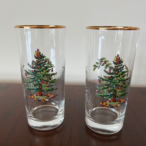 Spode - Christmas Tree - Green Trim - 10oz Glass Tumbler - Lot of 4 -  Holiday Dinnerware - Barware