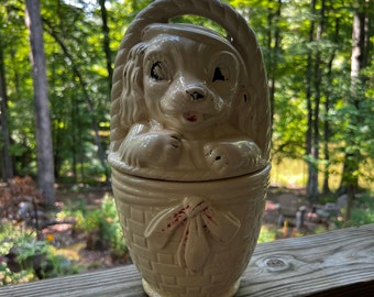 American Bisque Puppy in Basket cookie jar - vintage cookie jar