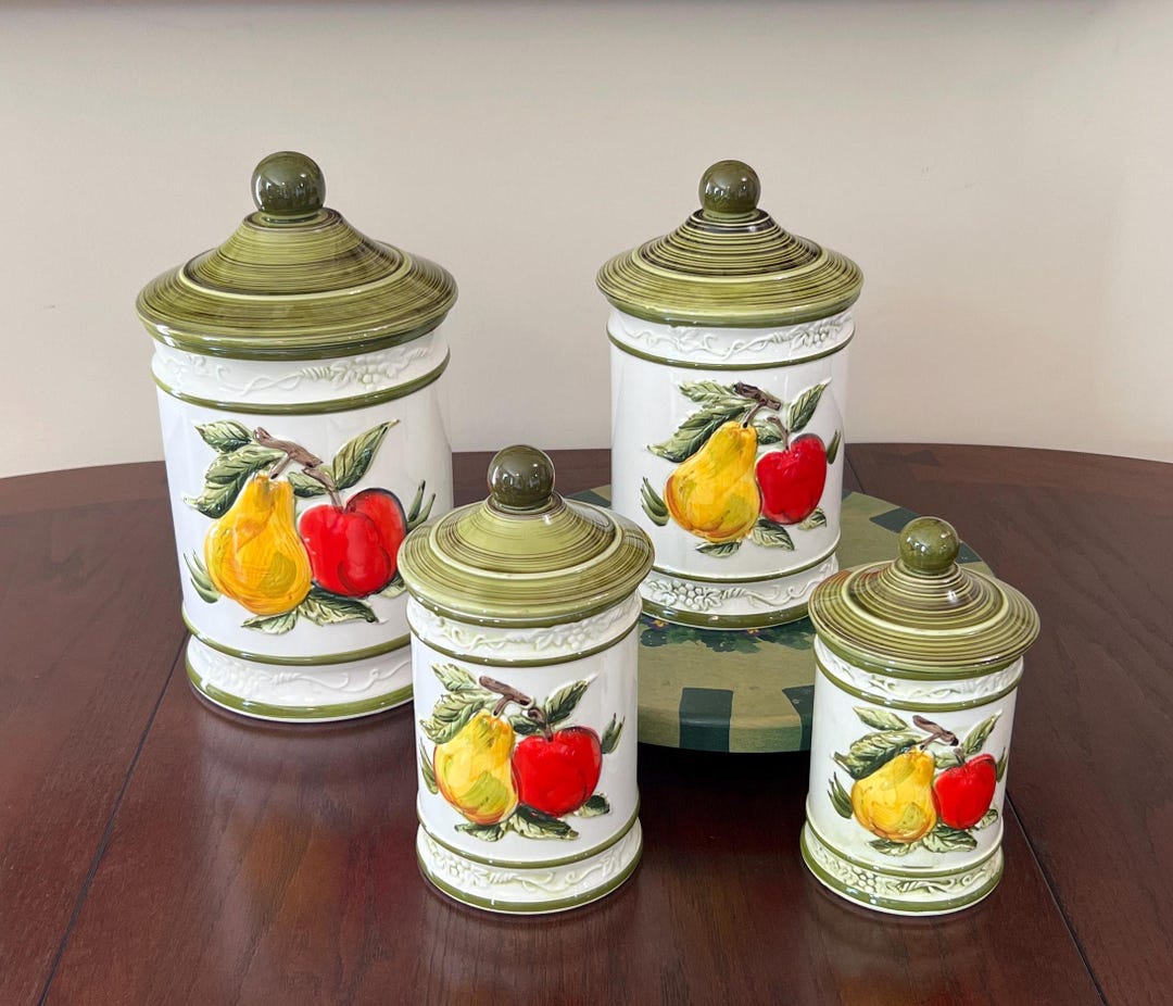 Unmarked - Kitchen Canisters - Set of 4- Fruit Theme - Apple and Pear ...