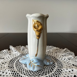 Mini bud vase with yellow lily and gold accents - vintage bud vase