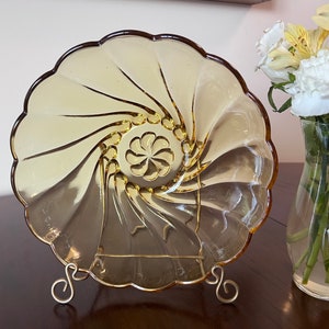 Hazel Atlas - Amber Glass - Large Swirl Bowl/Dish - 9” wide - 3” tall - vintage glass bowl