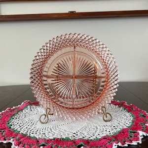 Anchor Hocking - Miss America - 8” Round 4 Part Relish Dish - pink glass - vintage divided dish