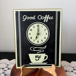 Vintage Style Good Coffee 5 Cents Tin Sign Clock Design Distressed Rustic Cafe Decor