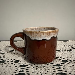Vintage Brown Drip Glaze Mug USA Marked Heavy Cream Stoneware Mid Century Modern Cup
