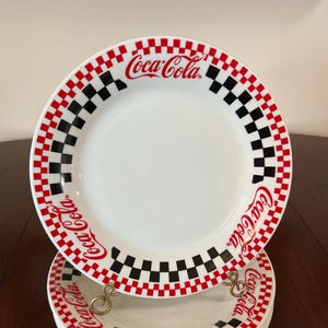 Gibson - Coca-Cola - Dinner Plates - 10.5” - Lot of 4 - Red/White/Black Checkered- 1998 -  Vintage Dinnerware