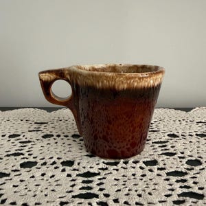 Vintage Unmarked “Oven-proof USA”  Drip Glaze Mug | Small O Handle, Brown/Cream