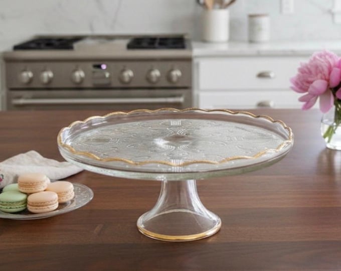 Vintage Jeannette Glass “harp” Pedestal Cake Stand With Gold Trim - Etsy