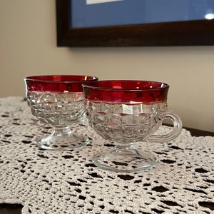 Indiana Glass - Whitehall - set of 2 - Ruby Flash Rimmed Punch Tea Cups - vintage drinkware