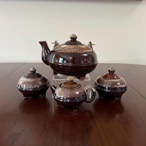Vintage Japan Brown Drip Pottery Set Teapot Creamer Sugar Jelly Jar 8 Piece Retro