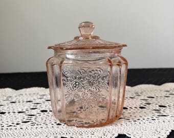 Vintage Pink Depression Glass Cookie Jar • Unmarked Mayfair Open Rose Style • 1930s Kitchen Canister