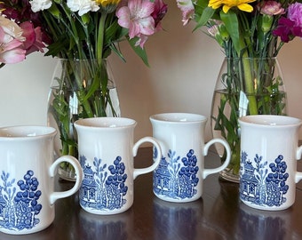 Churchill- Blue & White Tea Mug Koffiemok - set van 4 - gemaakt in Engeland - blauwe Wilg - vintage mokken - chinoiserie