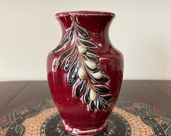 Vintage Burgundy Ceramic Vase • 10" Floral Vase • Raised Olive Branch Design • Home Decor