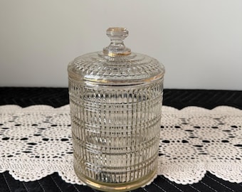 Biscuit Jar “Betsy Ross”‑Style • Jeannette Glass Attributed • MCM Ribbed Cookie Jar • Gold Trim