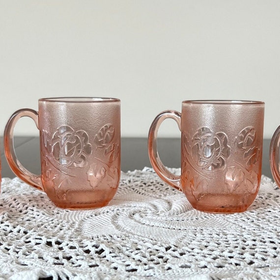 Arcoroc France Pink Frosted Glass Mugs Set of 4 Rose Motif Satin