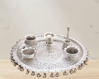 German Silver Decorative Pooja Thali Set | Temple Decor| Hindu Ritual Plate| Christmas Gift | Spiritual Gift | Hand Engraved | Fast Delivery