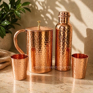 Jarra martillada de cobre 100% puro, jarra de agua hecha a mano, vajilla ayurvédica, utensilios de cocina de cobre, juego de vasos