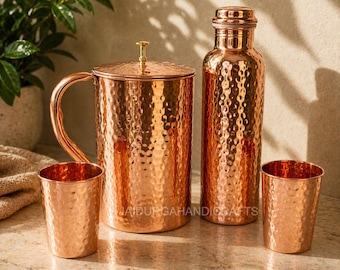 Jarra martillada de cobre 100% puro, jarra de agua hecha a mano, vajilla ayurvédica, utensilios de cocina de cobre, juego de vasos