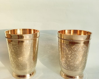 Pure Brass Etched Glass Set | Ayurvedic Drinkware (300mL) | Handcrafted 100% Glasses | Decorative Gift Item