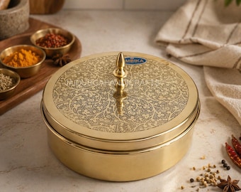 Brass Masala Box with Lid Handmade Indian Spice Box Kitchen Organizer Traditional Storage