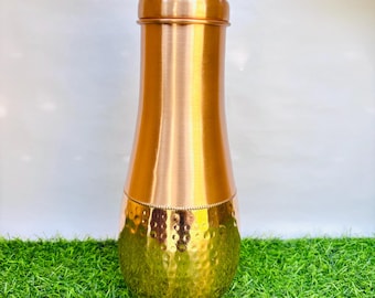 Copper Hammered Water Bottle with Glass Lid Matt Finish | 100% Pure Copper Water Bottle | Hammered style Bottle | Vase Shape Bottle