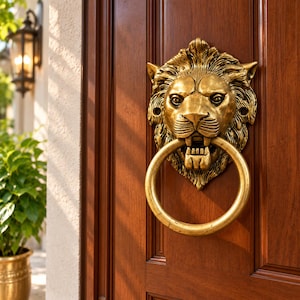 Può includere: Un battente per porta in metallo dorato a forma di testa di leone che tiene un anello circolare in bocca. Il leone presenta dettagli strutturati nella criniera e denti in vista, montato su un pannello di porta in legno marrone scuro.