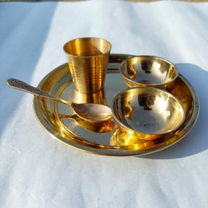 5 Pcs Set Of Bhog Small Thali | Pure Brass Thali | Brass Thali | Spoon | 2 Bowls | Glass