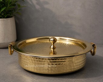 Pure Brass Hammered Lagan With Lid: Hammered Serving Pot, Indian Cookware, Kitchen Decor