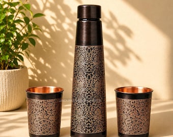 Pure Copper Water Bottle Set with 2 Copper Glasses, Engraved Ayurvedic Drinkware, Handmade Copper Bottle, Wellness Gift