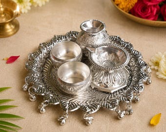 Silver Pooja Thali Set, German Silver Puja Plate with Diya Kalash Bowls, Hindu Prayer Thali, Housewarming Gift, Wedding Gift