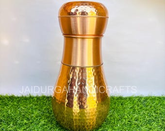 Copper Hammered  Lotus Water Bottle with Glass Lid Matt Finish | 100% Pure Copper Water Bottle | Hammered style Bottle | Free Delivery