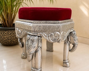 German Silver Elephant Stool, Ottoman Handmade Footrest, Royal Decor, Vintage Wooden Seat Gift