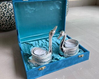 German Silver Swan Pair Candle Set, Decorative Oil Lamp Holder