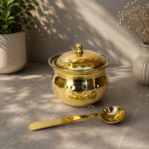 Brass Ghee Pot With Lid And Spoon Handmade Indian Kitchen Serving Bowl