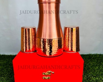 Handcrafted 100% Pure Copper Bottle Glass Drinkware Set | 1Ltr Bottle | Glasses