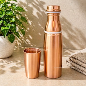 Botella de agua de cobre puro de lujo, hecha a mano, a prueba de fugas, vajilla ayurvédica, set de regalo de bienestar premium