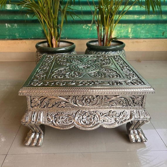 German Silver Chowki, Handmade Oxidized Finish, Engraved Pooja Pedestal, Diwali Decor, Indian Bajot