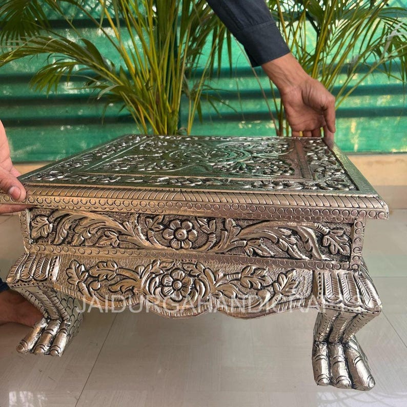 German Silver Chowki Set, Peacock Design Bajot For Diwali Decor, Wedding & Festive Gift, Indian Traditional Decor Free Express Delivery