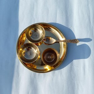 5 Pcs Set Of Bhog Small Thali | Pure Brass Thali | Brass Thali | Spoon | 2 Bowls | Glass | Pooja Thali Set