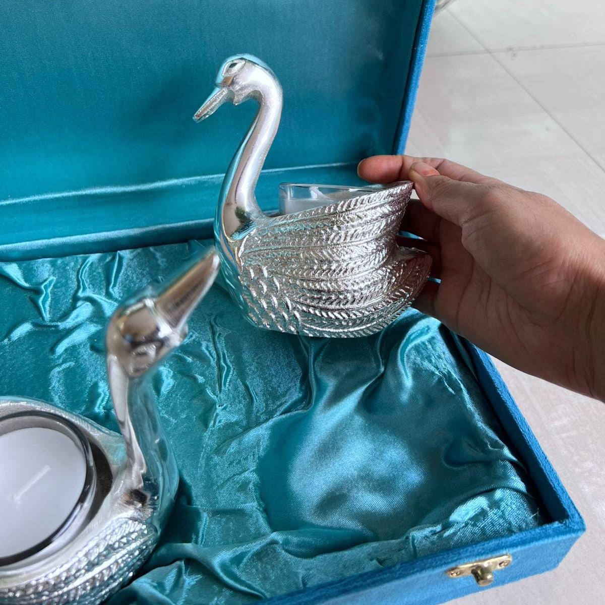 German Silver Swan Pair Candle Set, Decorative Oil Lamp Holder