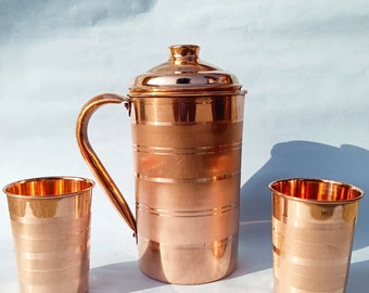 Pure Copper Jug and Glasses Set, Silver Touch Water Pitcher 1000ml, Ayurvedic Drinkware, Copper Pitcher, High Quality Copper Water Jug