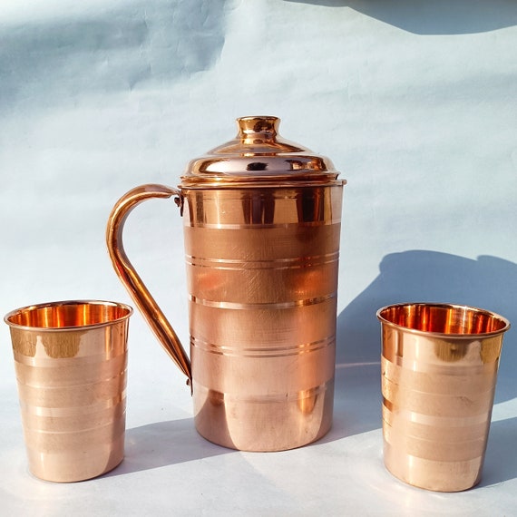 M-1 真鍮製 水差し 彫刻模様付き 純銅製水差し シルバータッチ グラス2個