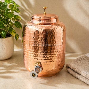 Hammered Copper Water Dispenser with Tap Ayurvedic Storage Tank Handmade Kitchen Drinkware Vessel