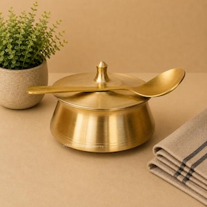 May include: A gold-colored brass bowl with a lid and spoon. The bowl has a rounded shape with a lid that has a small knob on top. A spoon rests on the lid. A small potted plant is in the background.