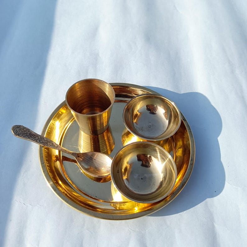 5 Pcs Set Of Bhog Small Thali | Pure Brass Thali | Brass Thali | Spoon | Pooja Thali Set | Express Free Delivery