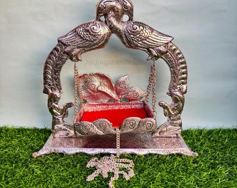 Duitse zilveren jhula voor Janmashtami | Krishna Janmashtami-schommel | Laddu Gopal JI Singhasan | Tempeldecoratie