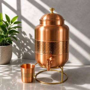 Pure Copper Water Dispenser, Ayurvedic Storage Tank with Tap, 5Ltr, Hammered Drinkware, Kitchen Decor