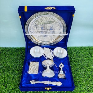 Thali Premium Brillante de Plata Alemana / Juego de vajilla Thali de plata en caja de regalo de terciopelo / Thali de plata pura / Juego de vajilla de lujo / Envío gratuito