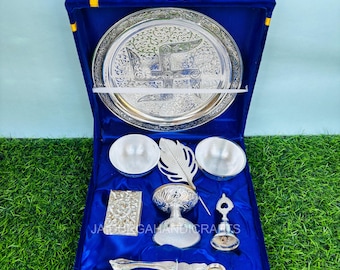 Thali Premium Brillante de Plata Alemana / Juego de vajilla Thali de plata en caja de regalo de terciopelo / Thali de plata pura / Juego de vajilla de lujo / Envío gratuito